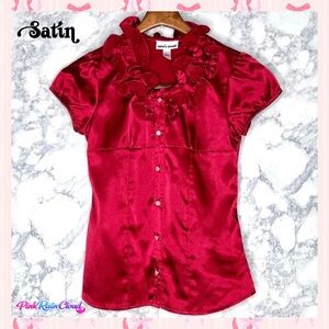 Amy’s Closet Girls Y2K Red SATIN Ruffle Short Sleeve Button Up Blouse
